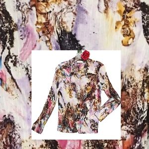 VTG NAOMI MULTI COLOR CRINKLE BUTTON UP TOP LONG SLEEVE LETTUCE HEM MED
